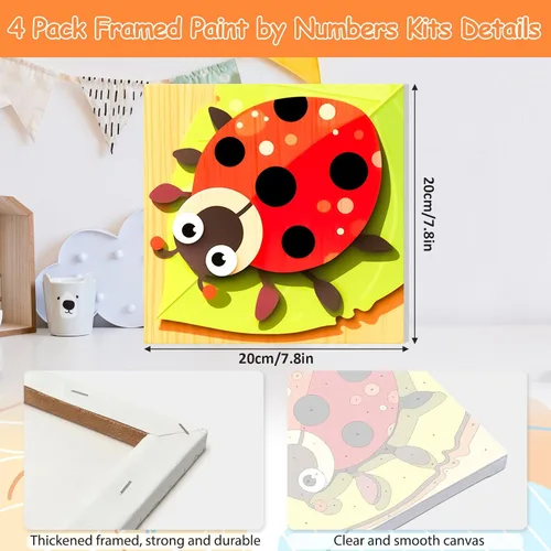 Vista 2 de EOBROMD Paquete de 4 kits de pintura enmarcada por números para niños, kits de pintura de insectos para niños de 4 a 8 a 12 años, pintura sobre