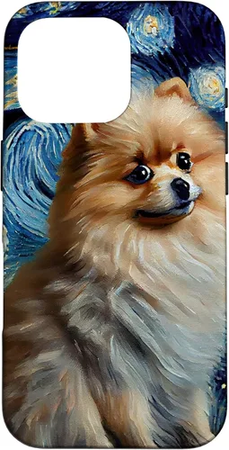 Vista 20 de iPhone 16 Starry Night Famous Painting Style Pomeranian Case