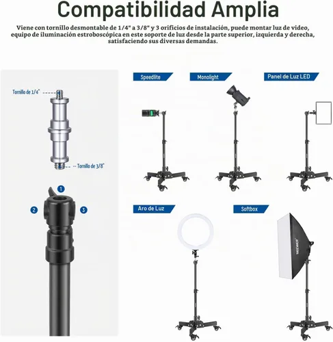 Vista 2 de NEEWER – Soporte de luz resistente con ruedas, 2.4 pies de altura máxima, soporte de trípode plegable para disparos de ángulo bajo/sobre mesa