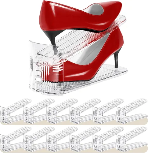 Vista 9 de Organizador de ranuras para zapatos, paquete de 10 unidades, apiladores de zapatos, 3 niveles ajustables, ahorro de espacio del 50%, soportes