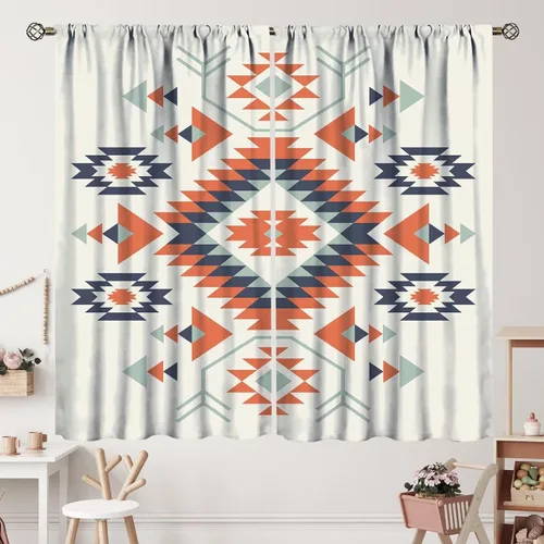 Vista 291 de Cortinas con patrón geométrico tribal, estilo suroeste, azteca, rústico, occidental, nativo americano, opacas, con bolsillo para barra, decoración