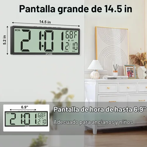 Vista 2 de Reloj de pared digital grande de 14.5 pulgadas, funciona con pilas con números gigantes, DST automático, día, fecha, alarma, temperatura para sala