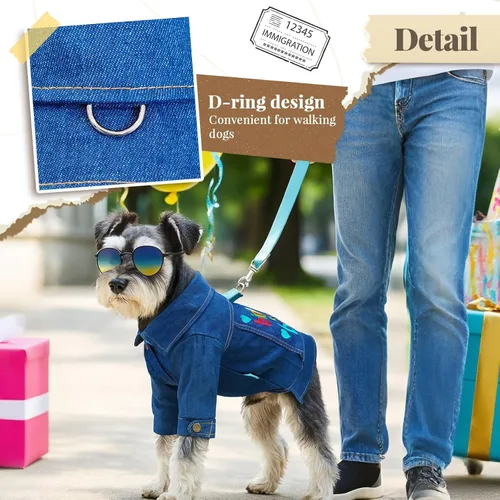 Vista 2 de Chaqueta de mezclilla para perro con anillo en D, abrigo de mezclilla azul, trajes para perros pequeños, gatos, macho, niña, ropa de cumpleaños