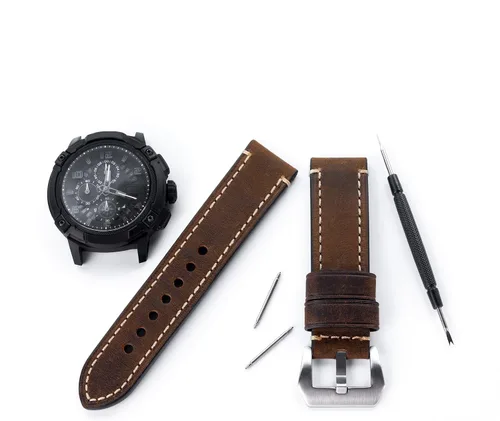 Vista 7 de Correa de reloj de pulsera de cuero genuino marrón oscuro de 0.945 in para hombres con hebilla de acero inoxidable