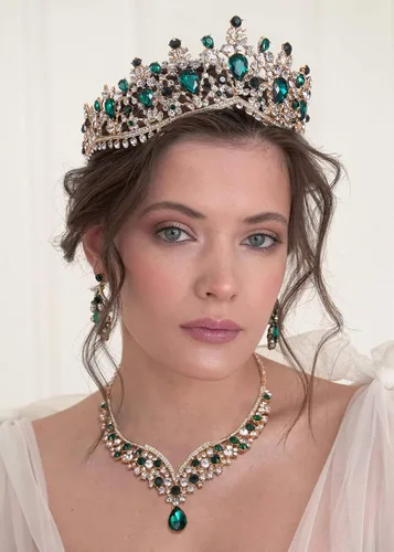 Vista 4 de SWEETV Corona de boda barroca para novia, paquete de 3 aretes de tiara, juego de joyería de novia, fiesta de disfraces de cristal, joyería