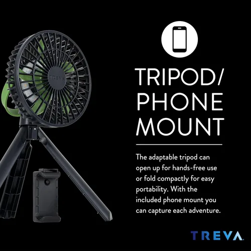 Vista 3 de Treva Ventilador de trípode de 5 pulgadas con luz incorporada y soporte de teléfono adjuntable, mini ventilador recargable de 3 velocidades