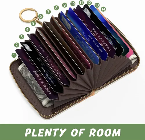 Vista 3 de Soporte para tarjetas de crédito para mujer pequeña cartera RFID de cuero delgado organizador de tarjetas de visita con cremallera y llavero Hoja