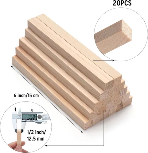 Vista 3 de Tacos de madera para manualidades de 1/2 x 6 pulgadas, 20 varillas cuadradas de madera, palos de madera sin terminar, pequeñas tiras de madera