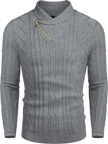 Vista 2 de COOFANDY Suéter de punto trenzado con cuello de chal para hombre, ajuste delgado, casual, con cremallera