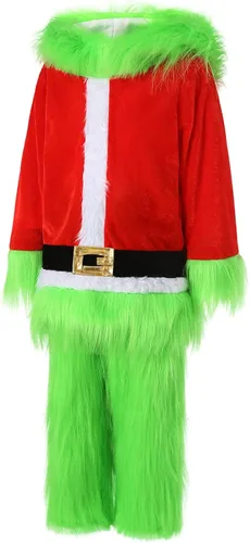 Vista 3 de BABAMOON Disfraz de cosplay de Navidad para niños y niñas, conjunto de 2 piezas de monstruo peludo verde de Papá Noel