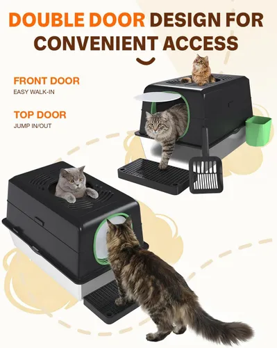 Vista 6 de Caja de arena XL de acero inoxidable para gatos con tapa, diseño cerrado de entrada superior, caja de arena grande de metal para gatos equipada