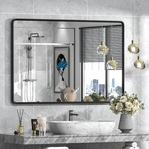 Vista 42 de Espejo rectangular con marco mate negro de 20x30 pulgadas para baño, espejo de tocador para pared de baño con esquinas redondeadas, antióxido y a