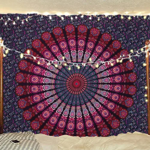 Vista 31 de Tapiz hippie indio bohemio psicodélico dorado azul pavo real mandala colgante en la pared (negro blanco, Queen (84 x 90 pulgadas) (84.6 x 90.6 in)