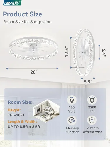 Vista 7 de LEDIARY Ventiladores de techo modernos de 20 pulgadas con luces y control remoto, ventilador de techo regulable de perfil bajo, ventilador de techo