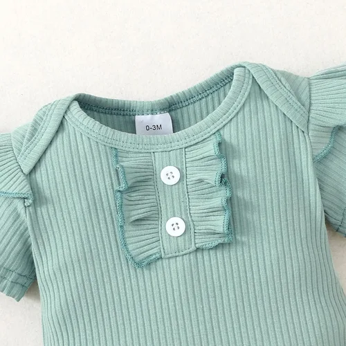 Vista 5 de Mioglrie Conjunto de ropa para bebé recién nacida, conjunto de pantalones cortos, lindos trajes de verano para bebés, ropa de bebé de algodón