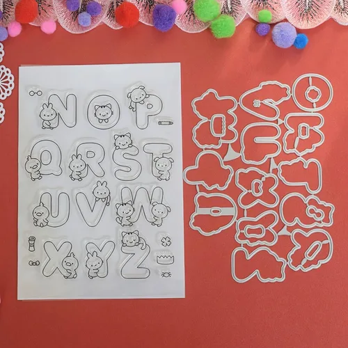 Vista 3 de Juego de sellos y troqueles transparentes de letras de animales para hacer tarjetas, plantillas cortadas para álbumes de recortes, álbum de fotos