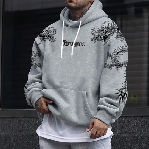 Vista 4 de GORGLITTER Sudadera con capucha para hombre con estampado de letras de dragón Y2K con cordón de manga larga con bolsillo de canguro