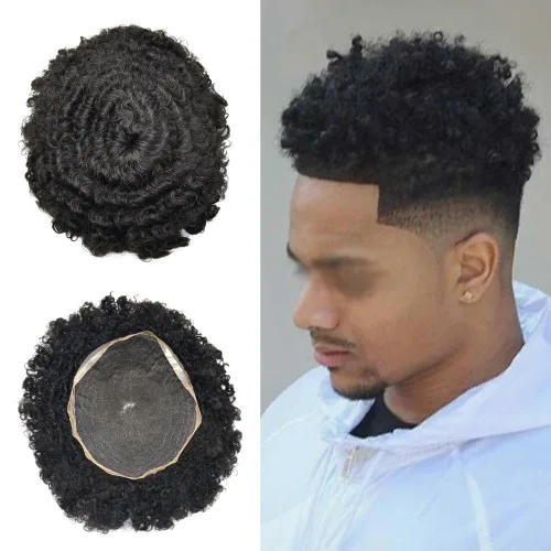 Vista 32 de Peluca de encaje suizo rizado afro para hombre, sistema de repuesto de peluca de encaje completo, extensiones duraderas de cabello humano #1 Negro