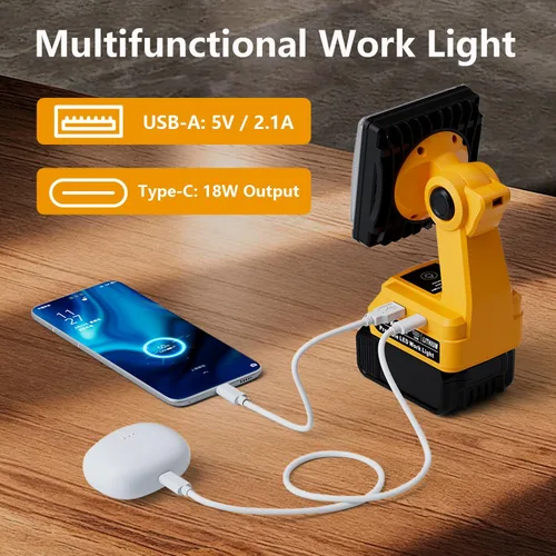 Vista 3 de DTEZTECH Luz de trabajo LED para batería Dewalt de 20 V máximo, luz de inundación portátil inalámbrica de 25 W 1500 LM con cabezal giratorio de 90°