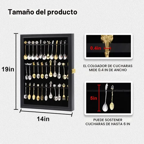 Vista 2 de 36 Souvenir Tea Spoon Display Case Montaje en pared con cerradura Protección UV Puerta de acrílico Soporte de exhibición de madera para cuchara Negro