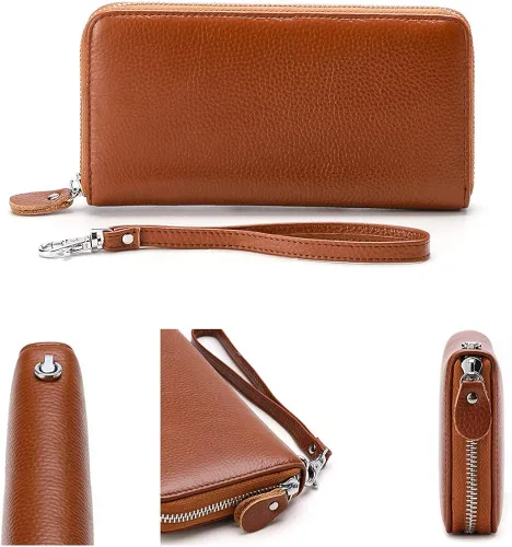Vista 3 de Moflycom - Cartera de cuero genuino para mujer con cierre y seguridad RFID