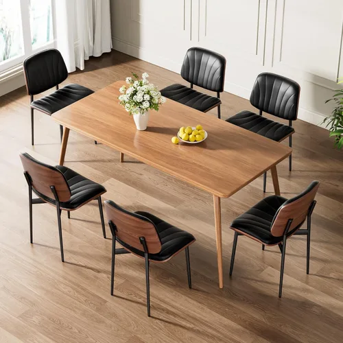 Vista 33 de Juego de 2 sillas de comedor, modernas sillas tapizadas de piel sintética de mediados de siglo con respaldo de nogal y patas de metal, pies