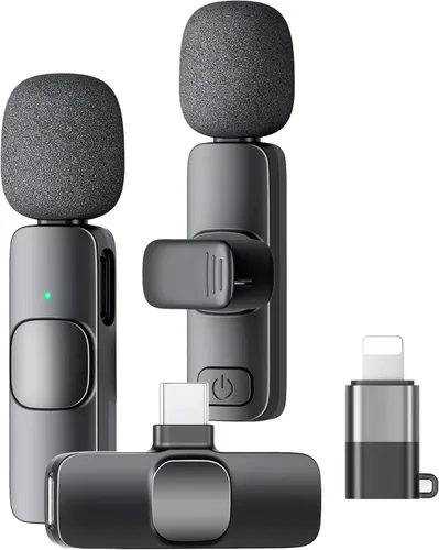 Vista 9 de Paquete de 2 micrófonos de solapa inalámbricos para iPhone, iPad y teléfono Android, micrófono de solapa Plug and Play, micrófono inalámbrico