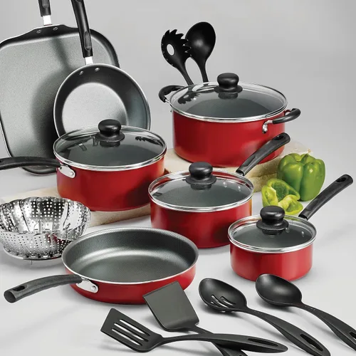 Vista 4 de Juego de cocina antiadherente de 18 piezas (gris acero) - Versátil, fácil de limpiar, compatible con múltiples tipos de estufas (rojo)