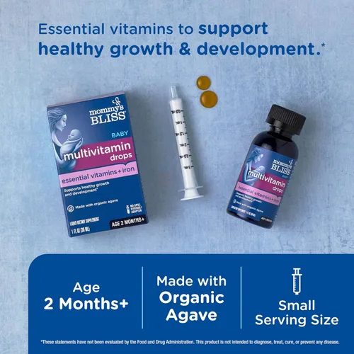 Vista 2 de Mommy's Bliss Multivitamínico + hierro para bebés, vitaminas esenciales diarias para el apoyo inmunológico, crecimiento saludable y desarrollo óseo