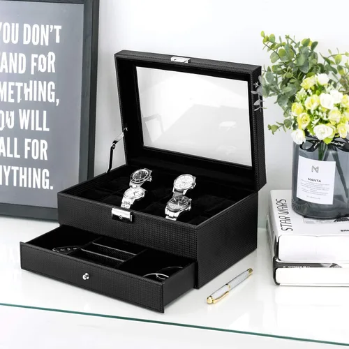 Vista 2 de Oyydecor Caja de reloj con 12 ranuras, organizador de relojes, organizador de joyas con cajón de joyería para almacenamiento y exhibición