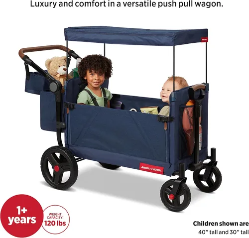 Vista 5 de Radio Flyer Atlas Stroll 'N Wagon, azul marino, para mayores de 1 año, versatilidad de empuje o tracción 3 en 1, plegable con una sola mano, toldo