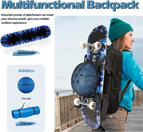 Vista 2 de GoHimal Mochila para monopatín, mochila deportiva, bolsa para laptop, diseño multideportivo para hombres y mujeres, Negro, Tamaño único, Moderno