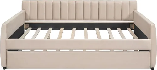 Vista 9 de Sofá cama tapizado de tamaño completo con nido y soporte de listones de madera, elegante sofá cama para sala de estar y dormitorio