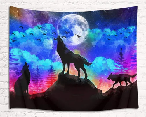 Vista 4 de HVEST Tapiz de lobo, tapiz de bosque psicodélico, tapiz para colgar en la pared, tapices de luna, animales salvajes, decoración de habitación, manta