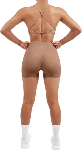 Vista 2 de SUUKSESS Conjuntos de entrenamiento sin costuras para mujer, sujetador deportivo con tiras y cintura alta, pantalones cortos