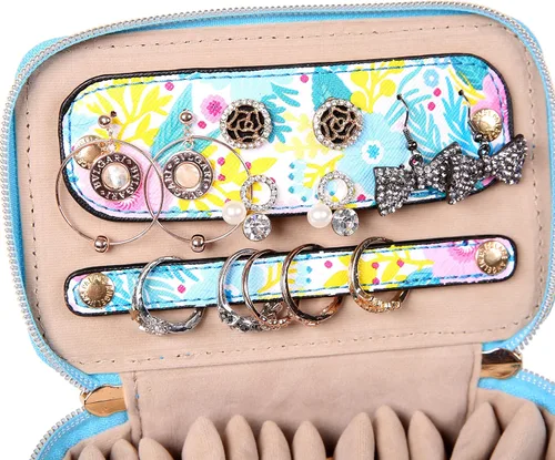 Vista 5 de Angelina's Palace Estuche organizador de joyas, regalos de dama de honor, bolsa de viaje, caja de cuero vegano para collar, aretes, pulsera, anillo