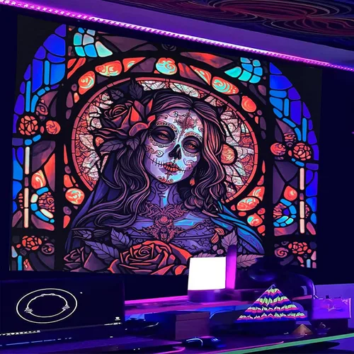Vista 3 de RILACON Tapiz reactivo con luz negra del Día de los Muertos, tapiz para colgar en la pared, diseño de calavera de rosa y azúcar, póster de esqueleto