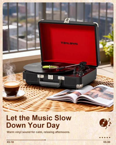Vista 13 de TANALNIN - Tocadiscos de vinilo, tocadiscos portátil de maleta con Bluetooth de 3 velocidades con altavoces integrados, grabación USB, salida RCA