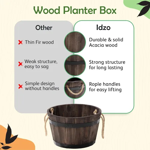 Vista 5 de Juego de 3 cajas de flores de madera para exteriores, macetas de barril de madera de acacia duraderas para plantas al aire libre con asas