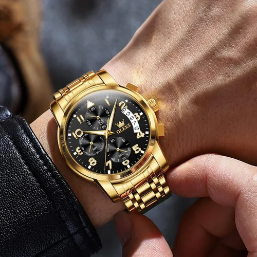 Vista 2 de OLEVS Reloj cronógrafo para hombre reloj de acero inoxidable plateado y dorado reloj de cuarzo multifunción con fecha relojes impermeables