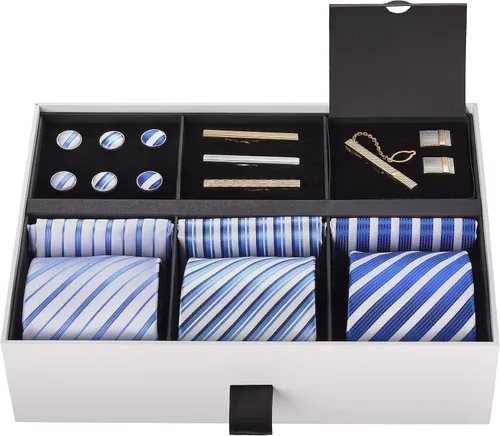Vista 39 de Juego de corbata de regalo para hombre, corbata sedosa, bolsillo cuadrado, clips de corbata, gemelos para hombres