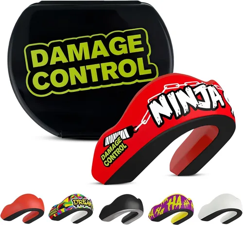 Vista 12 de DAMAGE CONTROL Protector bucal deportivo de impacto extremo con estuche Boil & Bite Fit, almohadillas absorbentes de golpes, funda ventilada