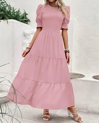 Vista 25 de BTFBM Vestidos para mujer, cuello redondo, casual, de verano, con volantes, manga corta, bohemio, con niveles, fruncido, largo, con estampado floral