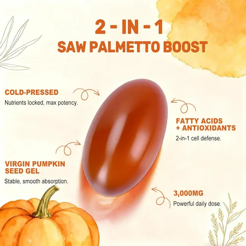 Vista 3 de Aceite de semilla de calabaza con cápsulas de palma enana americana, 3000 mg/porción, 300/600 cápsulas blandas Prensado en frío, aceite virgen