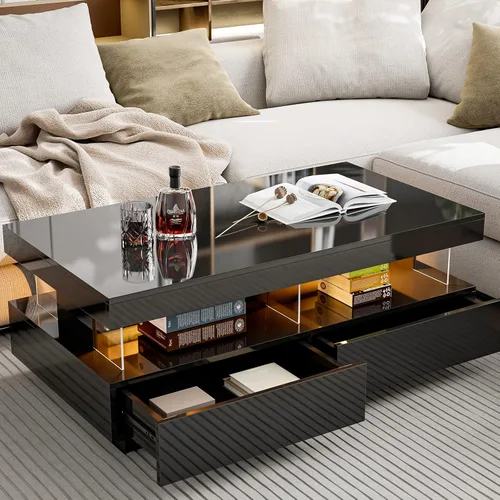 Vista 13 de IKIFLY Mesa de Centro Moderna con Tapa Elevable, Alto Brillo con Luces LED de 16 Colores, Tapa Elevable con 2 Cajones y Compartimento Oculto