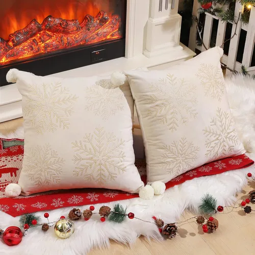 Vista 2 de Lewondr - Fundas de almohada navideñas con copo de nieve de 20 x 20 pulgadas, color blanco y amarillo Velvet Texture, Exquisite Embroidery