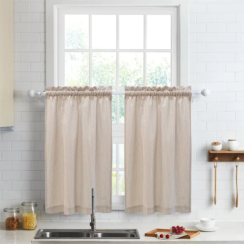 Vista 25 de Cortinas de nivel de algodón July Joy de 24 pulgadas de largo, cortinas de cocina de estilo rústico, bolsillo para barra para ventana pequeña