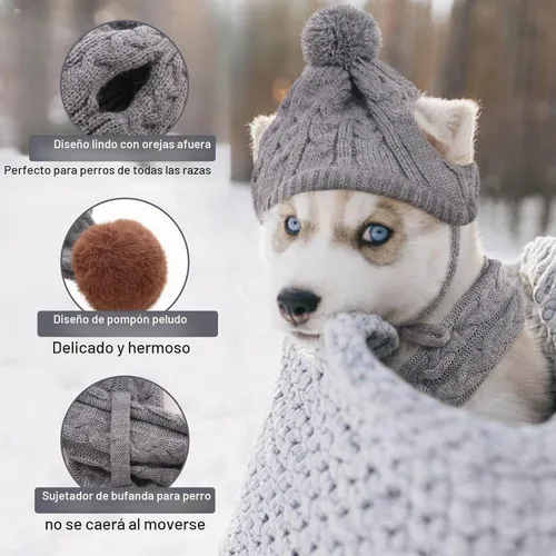 Vista 3 de Kuoser Juego de gorro y bufanda de invierno para perros, gorro tejido para mascotas, gorro cálido de Navidad, accesorios bonitos, bufanda para Gris