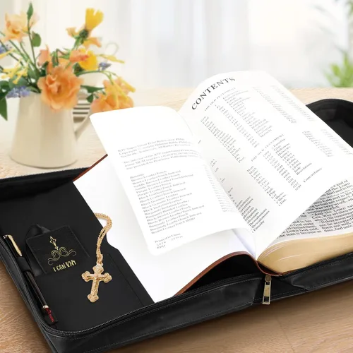 Vista 8 de FINPAC Funda grande clásica para la Biblia, de piel vegana, funda protectora de la Biblia con asa, regalo para hombres, mujeres, padre, madre