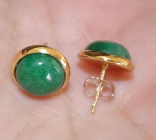 Vista 6 de CHINESE GREEN JADE ROUND DOME 12MM VINTAGE GENUINE 14K GF STUD EARRINGS